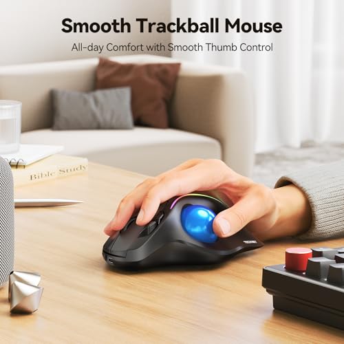 TECKNET Pro Wireless Trackball Mouse, Bluetooth Mouse with Ergonomic Thumb Control, USB-C Rechargeable, RGB Light Mice wit...