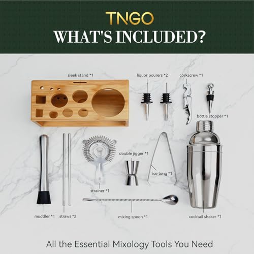 TNGO Cocktail Shaker Set - Mixology Bartender Kit with Sleek Stand - Premium Bar Tool Set All Bar Accessories Includes Mar...