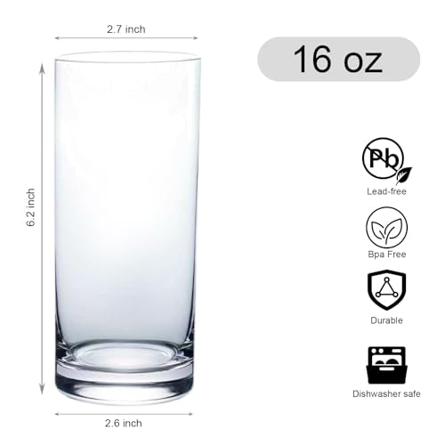 Wlasss Drinking Glasses Set of 8, 16oz Glass Cups, Kitchen Highball Glasses for Beer, Juice and Cocktail, Collins Water Gl...