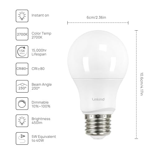 Linkind A19 LED Light Bulbs Dimmable, 40 Watt Equivalent, E26 Base, 2700K Soft White, 5W 450 Lumens CRI80+, 120V, UL Liste...