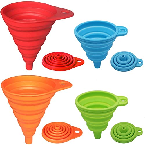 KongNai Kitchen Funnel Set 4 Pack, Small and Large, Kitchen Gadgets Accessories Foldable Silicone Collapsible Funnels for ...
