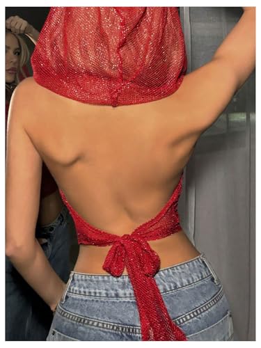 Floerns Rave Outfits for Women Sexy Backless Hoodie Draped Halter Tank Top Going Out Concert Festival Party Streetwear