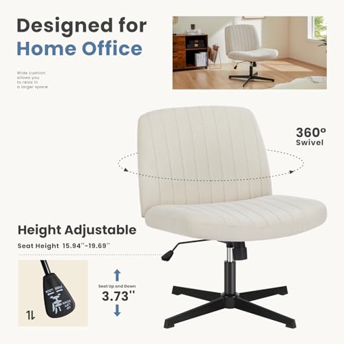 DUMOS Criss Cross Chair No Wheels Wide Cross Legged Office Desk Vanity Chair Comfy Fabric Armless Adjustable Swivel for Ho...