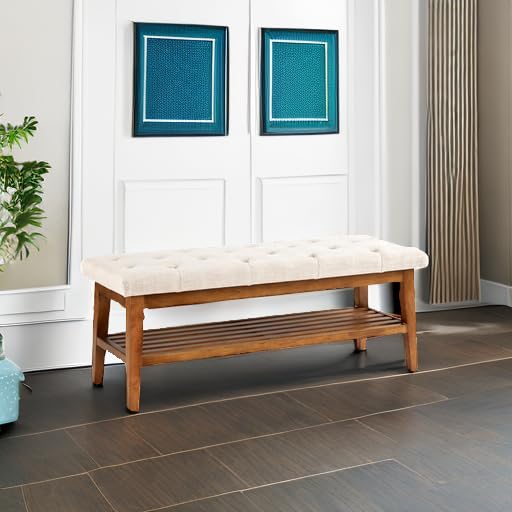 HUIMO Entryway Shoe Bench, End of Bed Bench,Upholstered Button-Tufted Bench for Kitchen, Fabric Ottoman Bench for Living Room, Padded Bench with Solid Wood Shelf Beige