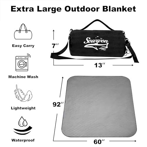 Waterproof Outdoor Blanket Packable, Stadium Blankets for Camping with Sherpa Fleece Lining, Large Windproof Emergency Thr...