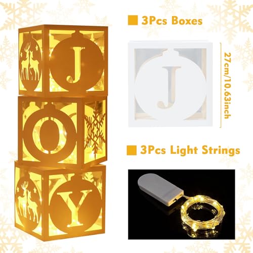 Light Up Christmas Decorations Indoor - 3pcs White Hollow-Out Paper Joy Boxes with Warm Light String, Holiday Fireplace Ch...