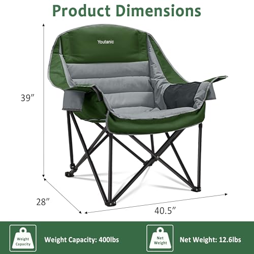 Youtanic Oversized Camping Chair, Portable Folding Camping Chairs with Side Pocket, Cup Holder and Carry Bag, Heavy Duty O...