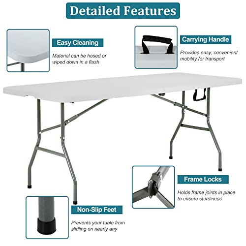 Pazidom 6FT Folding Table, Heavy Duty Plastic Table Portable Fold-in-Half Utility Table Indoor Outdoor Picnic Table w/Hand...