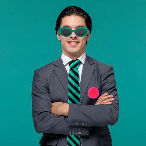 Eybila 4 Pcs Halloween Costume Accessories Stripe Tie Green Sunglasses Long Gloves Pink Pom Pom Balls Pin Cosplay Party