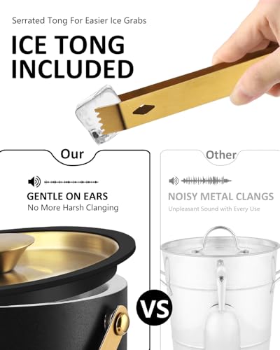 Bakpoco 3L Ice Bucket with Silicone Lid, Scoop, Gold Tongs & Strainer, Stainless Steel Double Wall Insulated Ice Buckets f...