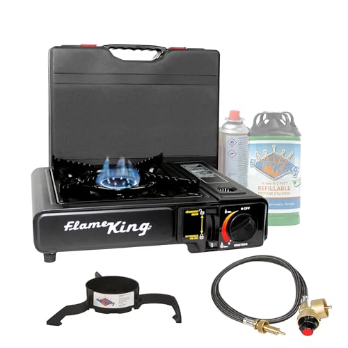Flame King Dual Fuel Butane & Propane Gas Camping Stove with Single Burner, Portable and Great for Outdoor Cooking, Backpa...