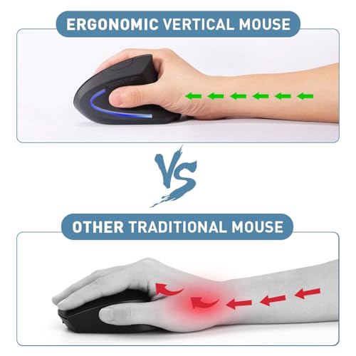 KUNSI Wireless Ergonomic Mouse, 2.4G Wireless Vertical Ergo Mouse, 800/1200/1600 Adjustable DPI,6 Buttons Ergonomic Mouse ...