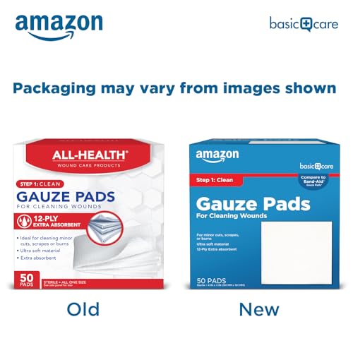 Amazon Basic Care Gauze Pads, 4x4 inches Sterile Medical Wound Dressing Sponges for Cleaning, Covering, & Cushioning Cuts...