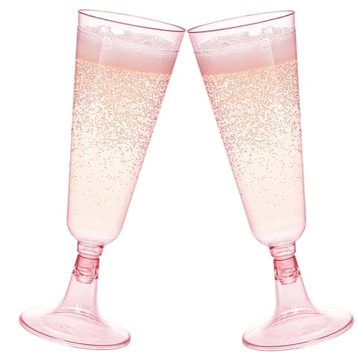 Hedume 70 Pack Pink Champagne Flutes, 5oz Disposable Plastic Wine Glasses, 2-Piece Disposable Champagne Glasses for Celebr...