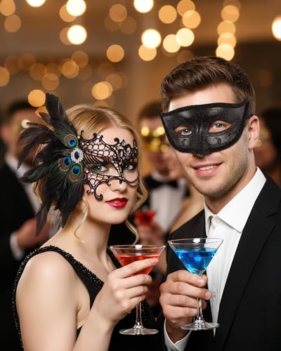 Zinniday Couples Masquerade Mask Set, 2 Pcs Masquerade Masks Set for Women Men Mardi Gras Ball Evening Party