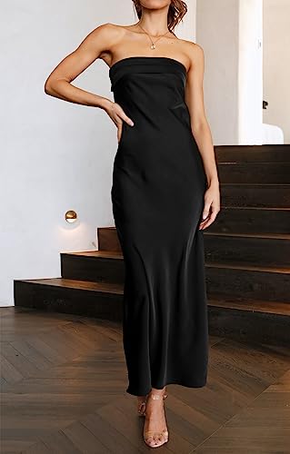 MEROKEETY Women's Cocktail Dresses Summer 2026 Satin Strapless Tube Bodycon Backless Wedding Guest Formal Party Maxi Dress