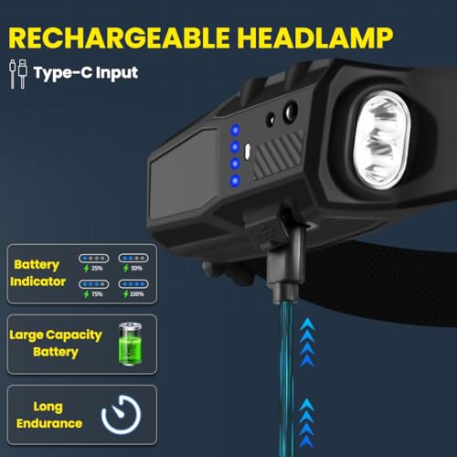 Headlamp Rechargeable 3Pack, 230° Wide Beam LED Headlamp, 7Mode Headlamps for Adults, Head Lamp with Motion Sensor, Red Li...