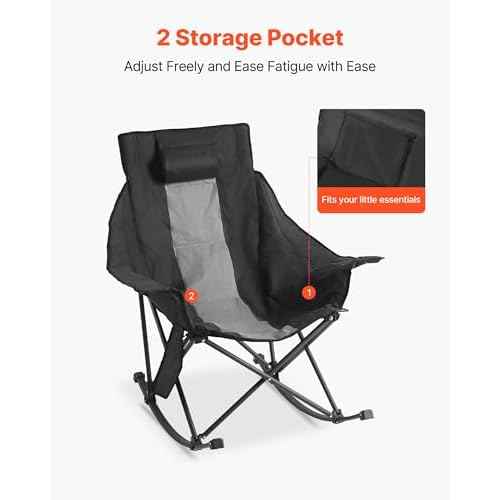 VEVOR Heated Camping Chair, 3 Heating Settings, Large-Sized Padded Folding Rocker, Heavy Duty Outdoor Lawn Chairs with Pocket & Cupholder, Support 225lbs, Portable Heated Chair for Sports Winter Use