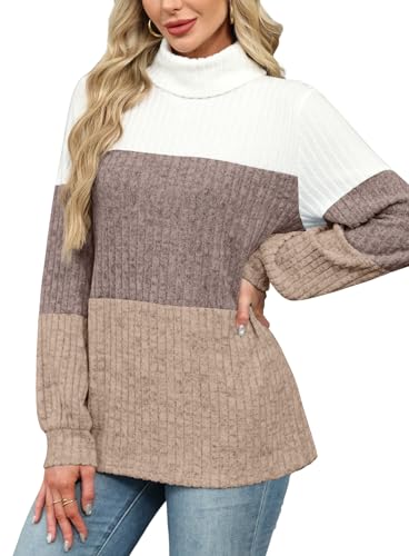 OFEEFAN Turtlenecks Tops for Women Oversized Sweaters Fall Outfits 2025 Plus Size Clothes Long Sleeve Shirts Color Block
