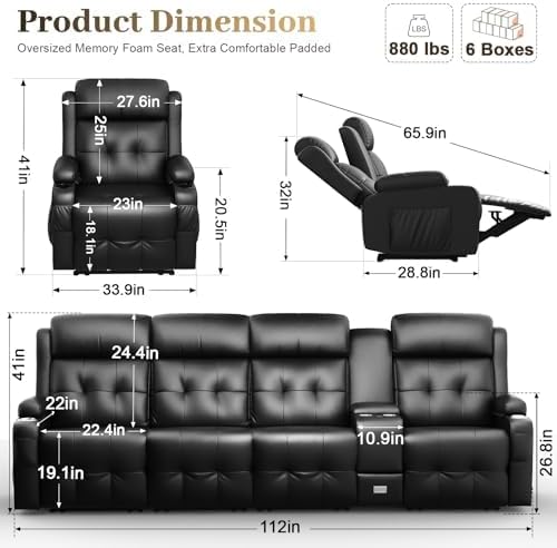 Aotolo Recliner Sofa, 3 Seater Massage Reclining Loveseat Sofa Sets, 1 Single Power Recliner Chairs Heat & Massage, Heavy Weight Capacity, RV Clearance Love Seat Couch with Console, USB, Type C Port