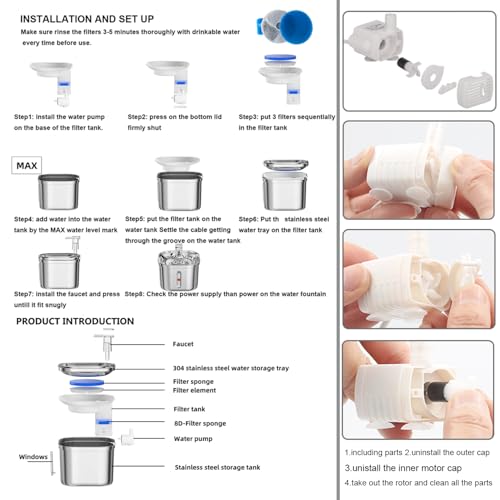 Homtyler Cat Water Fountain, Stainless Steel Pet Water Fountain for Cats Inside, 3 Filters&Ultra-Quiet Pump, 2.2L/73oz Aut...