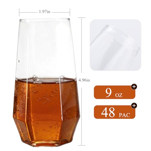 Goodluck 48 Clear Pack Diamond Unbreakable Stemless Plastic Glasses 9 Oz BPA-Free, Durable Disposable Wine/Champagne Flute...