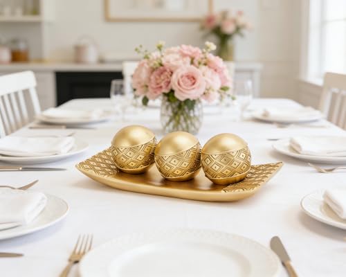 Artconal Golden Spheres Orbs Set of 3 with Tray for Centerpiece Table Decoration, Golden Accent Center Piece for Home Dini...