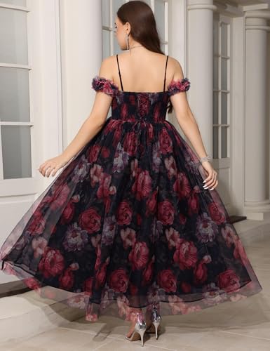 Women's Plus Size Formal Party Cocktail Dress, Wedding Guest Evening Gown with Slit - Off Shoulder Floral Tulle Maxi Dress
