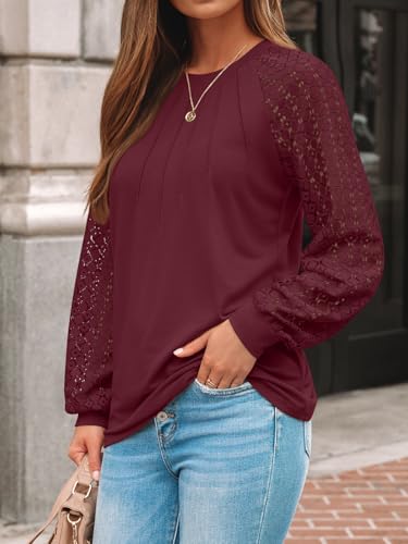AUTOMET Womens Long Sleeve Shirts Pleated Lace Tops Fall Fashion Outfits Business Casual Blouses