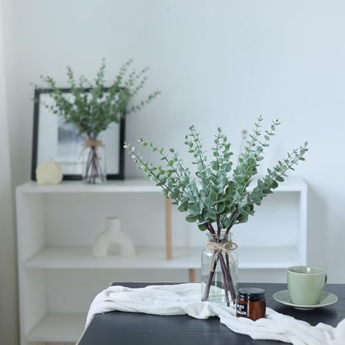 VIERENA 17.5" Artificial Eucalyptus Stems in Glass Vase with Faux Water,Fake Plant Eucalyptus Leaves White Seeds for Cente...