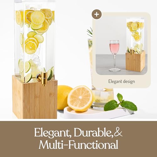 1.25 Gallon Acrylic Beverage Dispenser with Bamboo Stand – Iced Drink Dispenser with Stainless Steel Spigot & Built-in Ice...