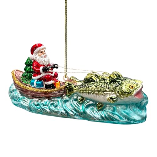 Santa's Fishing Adventure Glass Christmas Ornament, Holiday Angler Fish in Sleigh
