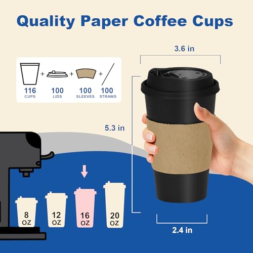 16 oz Coffee Cups + 16 Extra Cups Bulk Disposable To-Go Paper Cups with Lids and Sleeves for Hot Beverage, Chocolate, Coco...