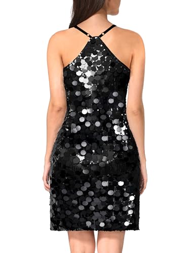 MANER Women's Glitter Sequin Dress Adjustable Spaghetti Strap Sparkle Party Dresses