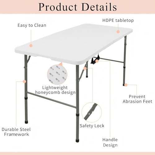 JALANCY Folding Tables with Carrying Handle Lightweight Rectangular Portable Plastic Camping Table Steel Legs for Party, D...