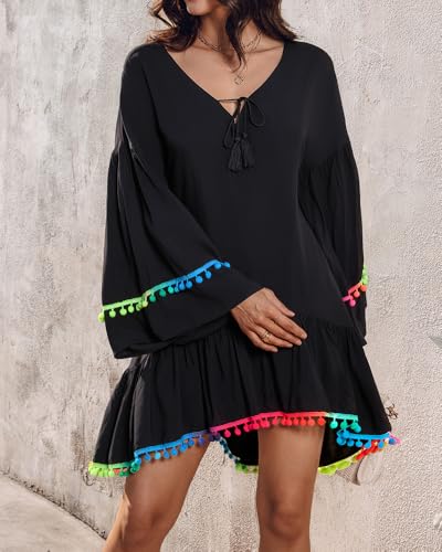 Womens Boho V Neck Chiffon Tassel Dress Flowy Bell Sleeve Loose Beach Cover Up Vacation Festival Summer Outfit