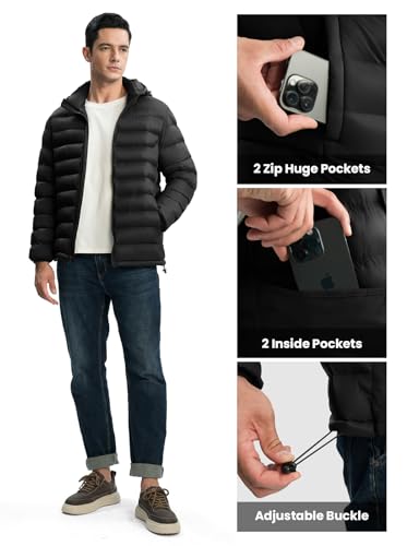 TBMPOY Men's Lightweight Puffer Jackets Detachable Hood Water-Resistant Casual Winter Coat Hooded Insulated for Travel Ski
