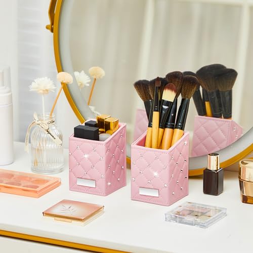 ReliThick 2 Pcs Pink Makeup Brush Holder Crystal Bling Brushes Cup PU Leather Waterproof Glitter Makeup Holder for Women T...