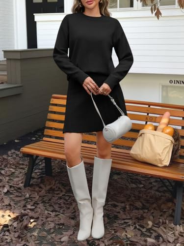 Tankaneo Womens Skirt 2 Piece Sweater Set Long Sleeve Crewneck Sweaters Pleated Mini Skirt Knit Lounge Sets