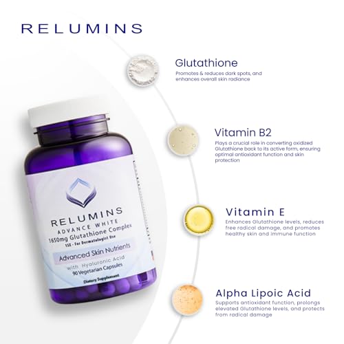 Relumins 1650mg L-Glutathione Complex with Hyaluronic Acid, Alpha Lipoic Acid, Rose HIPS, Vitamin E & Riboflavin, Antioxid...