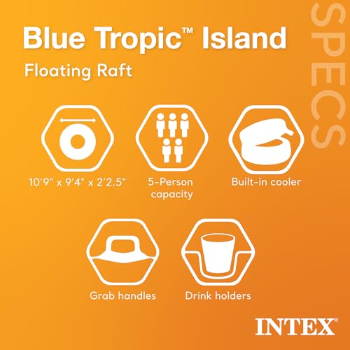 Intex Blue Tropic Inflatable 5 Person Raft or Swimming Pool Island Water Floating Lounger Raft with Backrests, Built in Co...