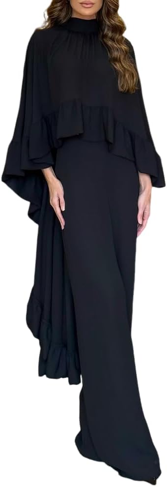 CHICME 2 Pieces Outfits for Women High-Low Ruffles Hem Cape Top and Casual Wide Leg Pants Travel Matching Sets
