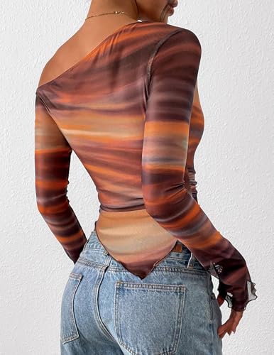 PRETTYGARDEN Womens Fall Trendy Off Shoulder Y2k Tops 2026 Tie Dye Mesh Long Sleeve Shirts Asymmetrical Ruched Floral Blouse