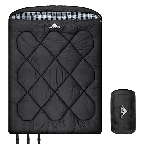AGEMORE 0 Degree Double Sleeping Bag for Adults, Cotton Flannel Lined 2 Person Queen Size Warm Sleeping Bag for Family Win...
