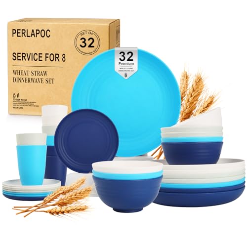 Perlapoc Wheat Straw Dinnerware Sets of 32, Unbreakable Plates and Bowls Sets Service for 8, Dinner Plate/Dessert Plate/Bo...