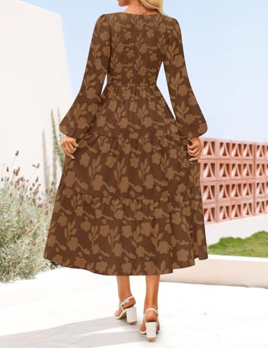 ZESICA Women's Fall Boho Floral Midi Dress 2026 Casual Long Sleeve Crewneck Flowy Wedding Guest Long Dresses