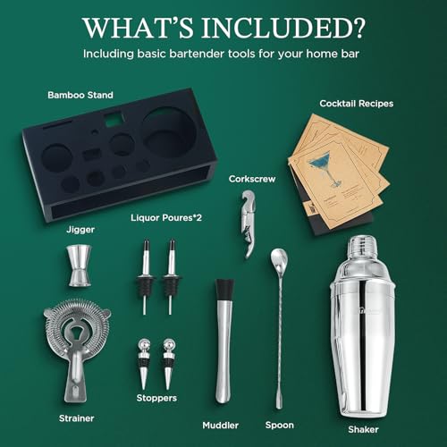 KITESSENSU Cocktail Shaker Set with Stand | Mixology Bartender Kit Bar Set with Essential Bar Accessories for Home Bar: Ma...