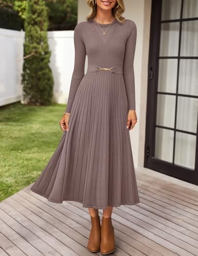 ZESICA Women's Long Sleeve Midi Sweater Dress 2026 Fall Crewneck Knit A Line Pleated Flowy Long Dresses with Belt