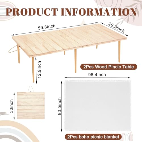 Hahafelt 2 Set Low Picnic Table, Foldable Boho Picnic Table with Extra Large Outdoor Camping Blanket Portable Boho Wood BB...