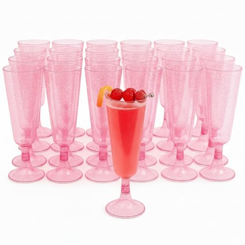 MATANA 50 Glitter Pink Champagne Flutes Plastic Champagne Glasses 5 oz, Reusable Pink Plastic Wine Glasses, Copas De Plast...
